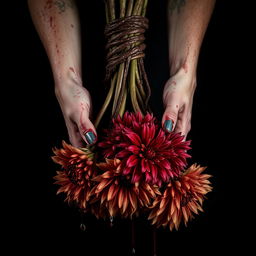 A dramatic image featuring a pair of hands covered in dripping blood, gripping a bouquet of dead, wilted, and molding dahlias