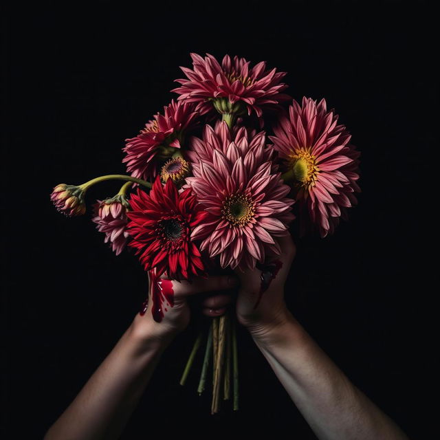 A dramatic image featuring a pair of hands covered in dripping blood, gripping a bouquet of dead, wilted, and molding dahlias