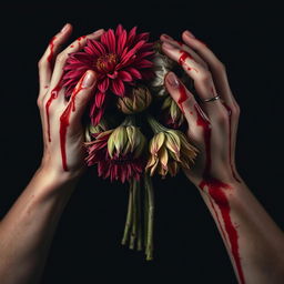 A dramatic image featuring a pair of hands covered in dripping blood, gripping a bouquet of dead, wilted, and molding dahlias