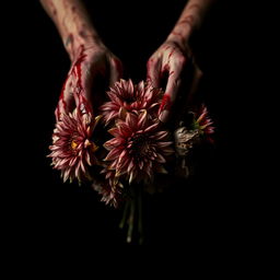 A dramatic close-up of a pair of hands covered in dripping blood, firmly grasping a bouquet of dead, wilted, and molding dahlias