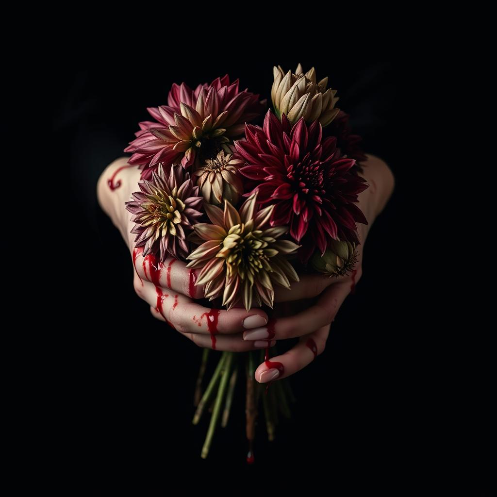 A dramatic close-up of a pair of hands covered in dripping blood, firmly grasping a bouquet of dead, wilted, and molding dahlias