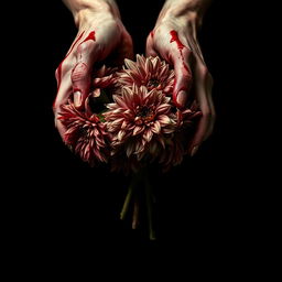 A dramatic close-up of a pair of hands covered in dripping blood, firmly grasping a bouquet of dead, wilted, and molding dahlias