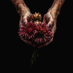 A dramatic close-up of a pair of hands covered in dripping blood, firmly grasping a bouquet of dead, wilted, and molding dahlias