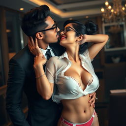 A sensual woman resembling Nushrat Bharucha, depicted as a sexy secretary wearing stylish glasses and a bikini bottom
