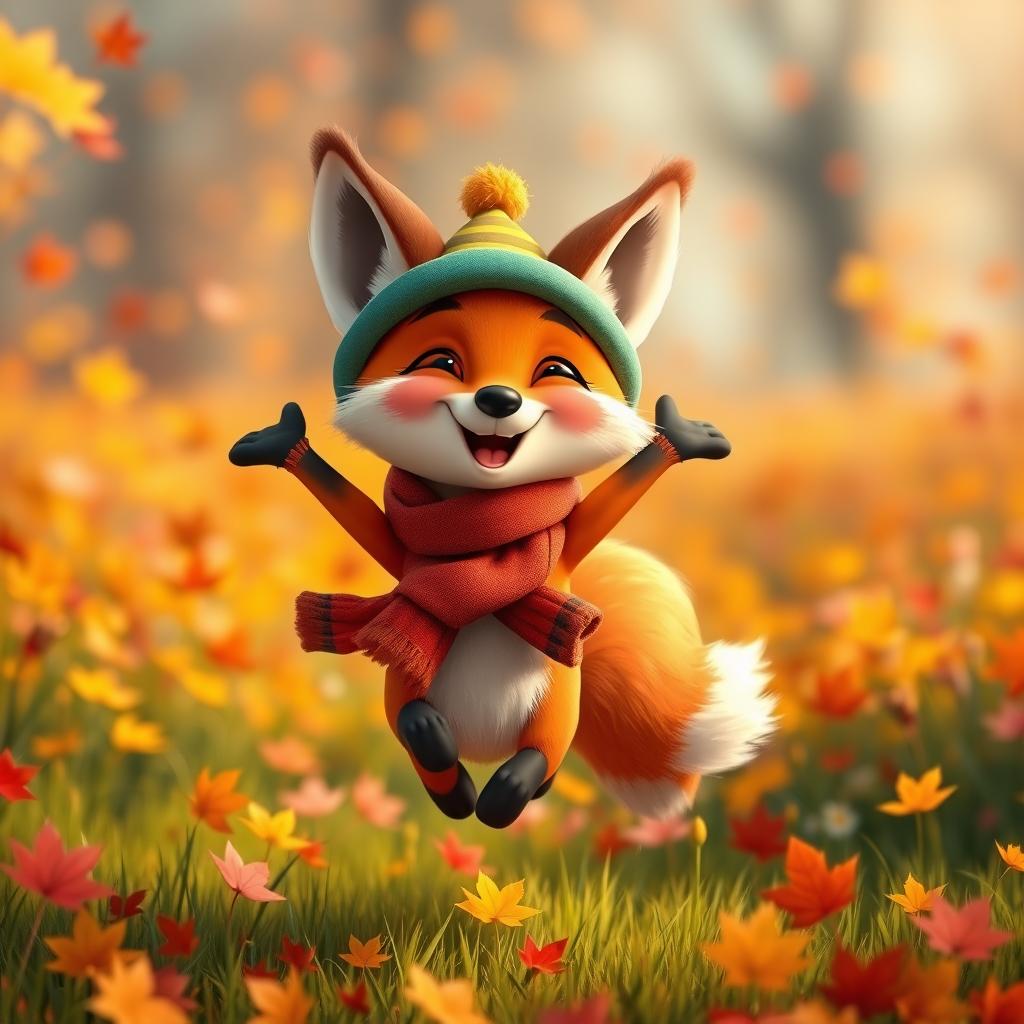 A close-up of a cartoonish, cheerful fox, brightly dressed, wearing a cute hat and a scarf, joyfully jumping on an autumn meadow filled with vibrant leaves