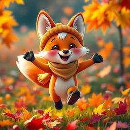 A close-up of a cartoonish, cheerful fox, brightly dressed, wearing a cute hat and a scarf, joyfully jumping on an autumn meadow filled with vibrant leaves