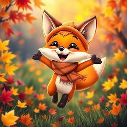 A close-up of a cartoonish, cheerful fox, brightly dressed, wearing a cute hat and a scarf, joyfully jumping on an autumn meadow filled with vibrant leaves