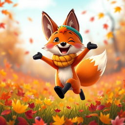 A close-up of a cartoonish, cheerful fox, brightly dressed, wearing a cute hat and a scarf, joyfully jumping on an autumn meadow filled with vibrant leaves