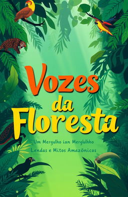 A vibrant illustration of the Amazon rainforest with deep greens and blues, featuring detailed silhouettes of animals like jaguars and macaws integrated seamlessly