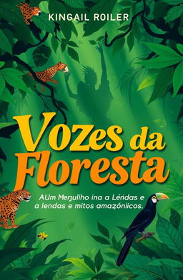 A vibrant illustration of the Amazon rainforest with deep greens and blues, featuring detailed silhouettes of animals like jaguars and macaws integrated seamlessly