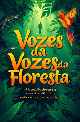 A vibrant illustration of the Amazon rainforest with deep greens and blues, featuring detailed silhouettes of animals like jaguars and macaws integrated seamlessly