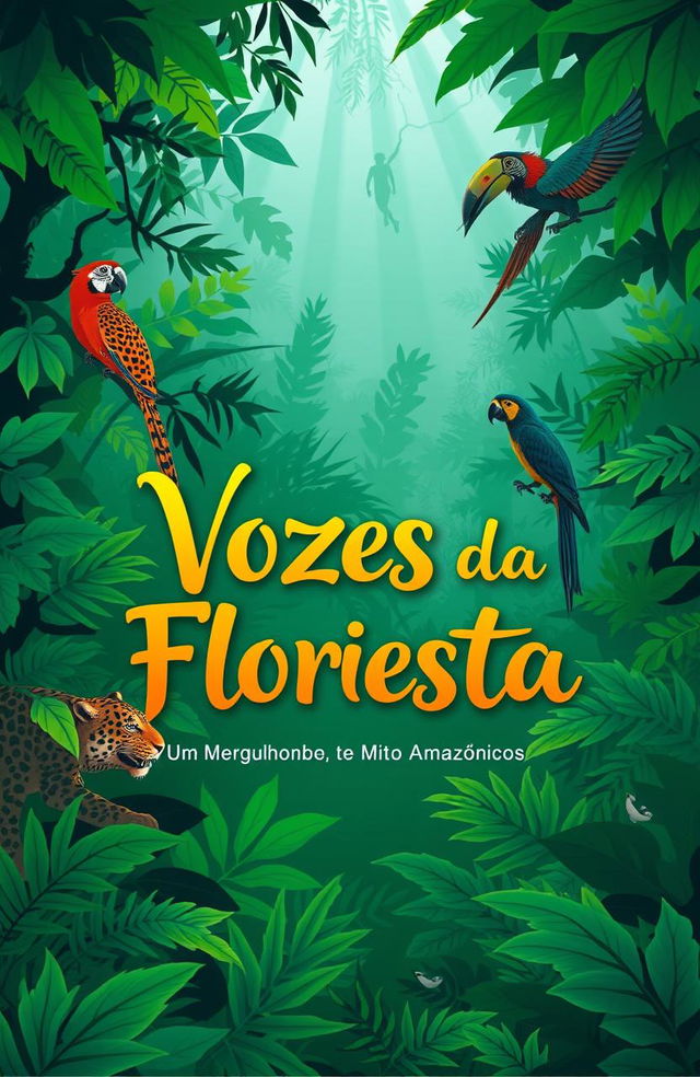 A vibrant illustration of the Amazon rainforest with deep greens and blues, featuring detailed silhouettes of animals like jaguars and macaws integrated seamlessly