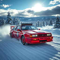 A thrilling scene featuring a Chevy Chevette rally car racing through a snowy landscape