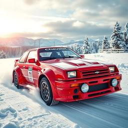 A thrilling scene featuring a Chevy Chevette rally car racing through a snowy landscape