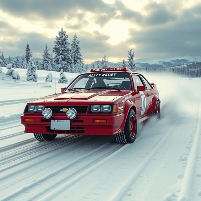 A thrilling scene featuring a Chevy Chevette rally car racing through a snowy landscape