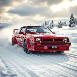 A thrilling scene featuring a Chevy Chevette rally car racing through a snowy landscape