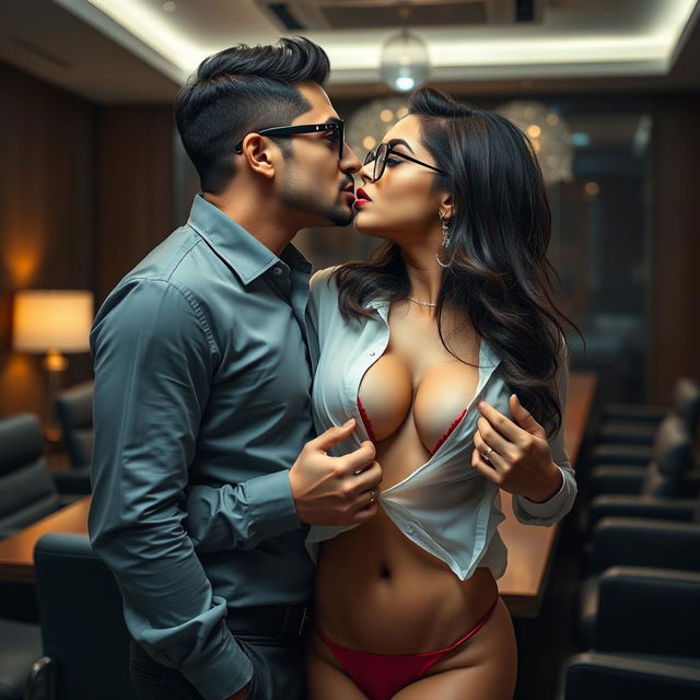 A sensual woman resembling Nushrat Bharucha, depicted as a sexy secretary wearing stylish glasses and a bikini bottom