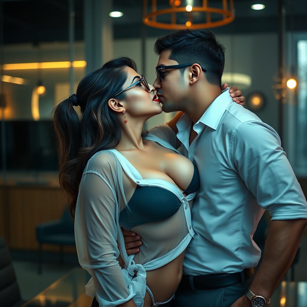 A sensual woman resembling Nushrat Bharucha, depicted as a sexy secretary wearing stylish glasses and a bikini bottom