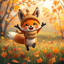 A close-up of a cartoon-style, cheerful fox wearing a cute hat and scarf, jumping energetically on an autumn meadow surrounded by colorful leaves