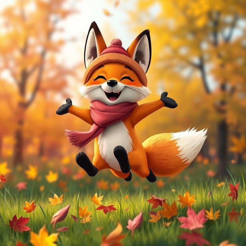 A close-up of a cartoon-style, cheerful fox wearing a cute hat and scarf, jumping energetically on an autumn meadow surrounded by colorful leaves