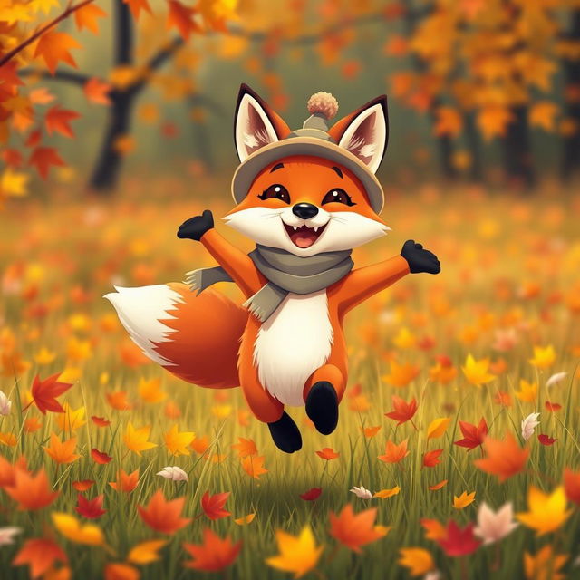 A close-up of a cartoon-style, cheerful fox wearing a cute hat and scarf, jumping energetically on an autumn meadow surrounded by colorful leaves