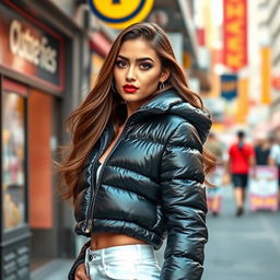 A stunning young woman confidently showcasing her style in a tight shiny black puffer jacket that hugs her figure