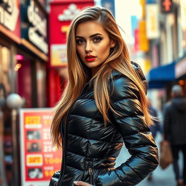 A stunning young woman confidently showcasing her style in a tight shiny black puffer jacket that hugs her figure