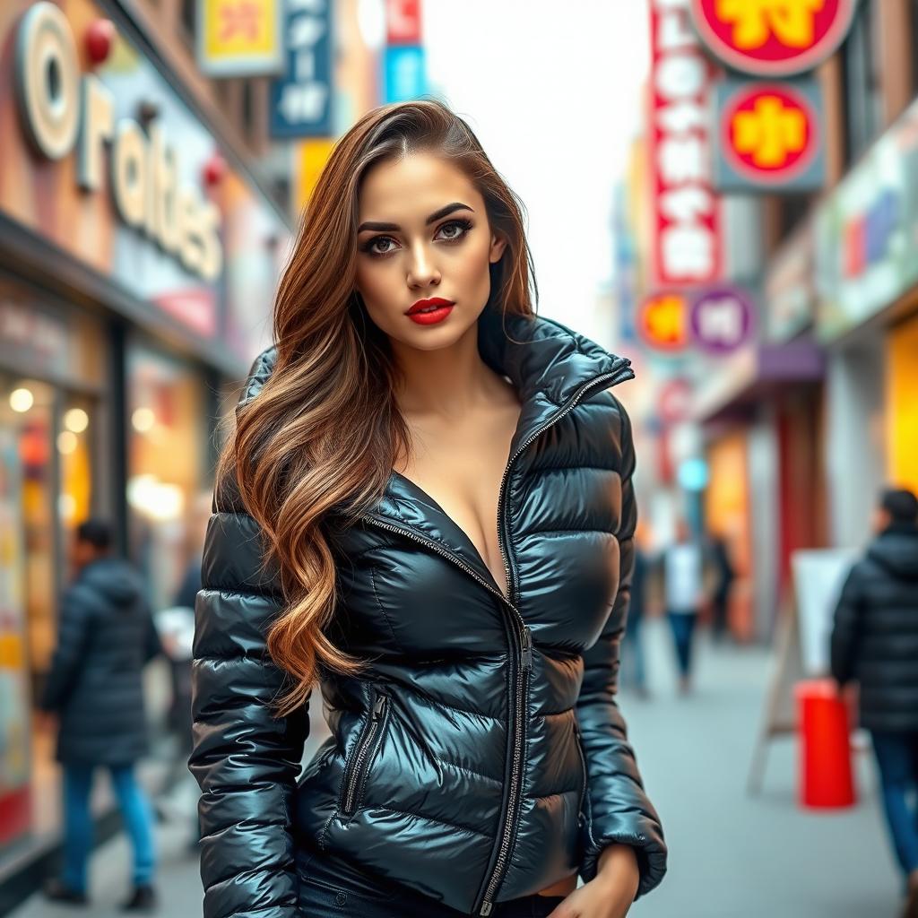 A stunning young woman confidently showcasing her style in a tight shiny black puffer jacket that hugs her figure