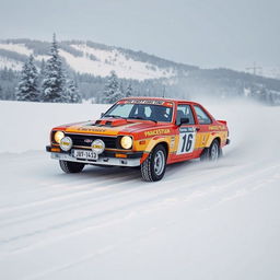 A classic Chevy Chevette rally car racing through a snowy landscape, with snowflakes flying around, the driver skillfully maneuvering the car through the winter terrain
