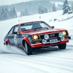 A classic Chevy Chevette rally car racing through a snowy landscape, with snowflakes flying around, the driver skillfully maneuvering the car through the winter terrain