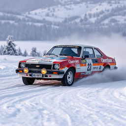 A classic Chevy Chevette rally car racing through a snowy landscape, with snowflakes flying around, the driver skillfully maneuvering the car through the winter terrain