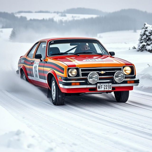 A classic Chevy Chevette rally car racing through a snowy landscape, with snowflakes flying around, the driver skillfully maneuvering the car through the winter terrain