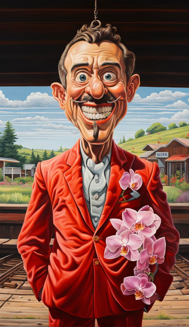 An ultrarealistic, exaggerated caricature of a man in a red suit with a dozen orchids, waiting at a rural train station.