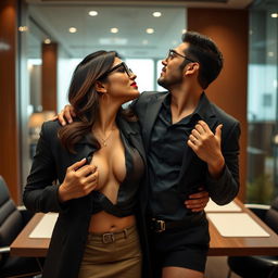 A sensual woman resembling Nushrat Bharucha, portrayed as a sexy secretary wearing stylish glasses and a short skirt