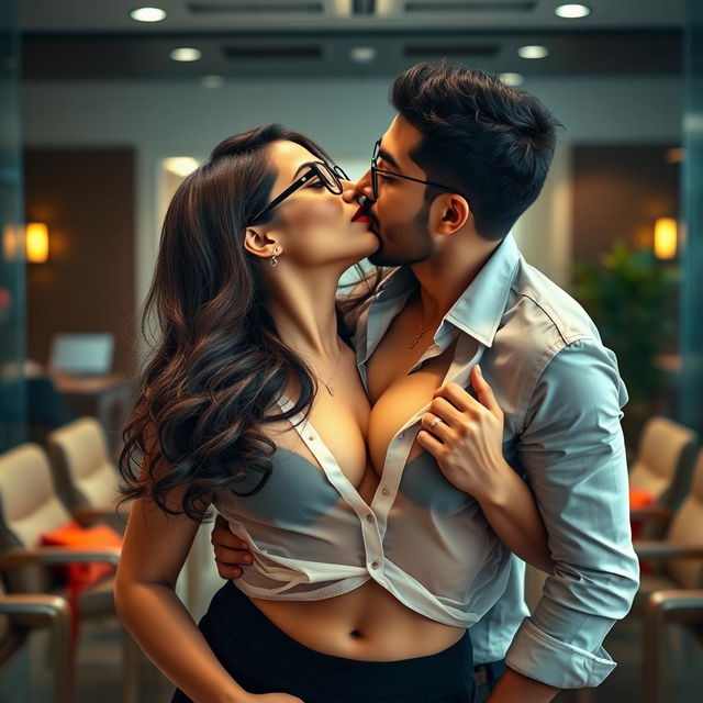 A sensual woman resembling Nushrat Bharucha, portrayed as a sexy secretary wearing stylish glasses and a short skirt