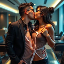 A sensual woman resembling Nushrat Bharucha, portrayed as a sexy secretary wearing stylish glasses and a short skirt