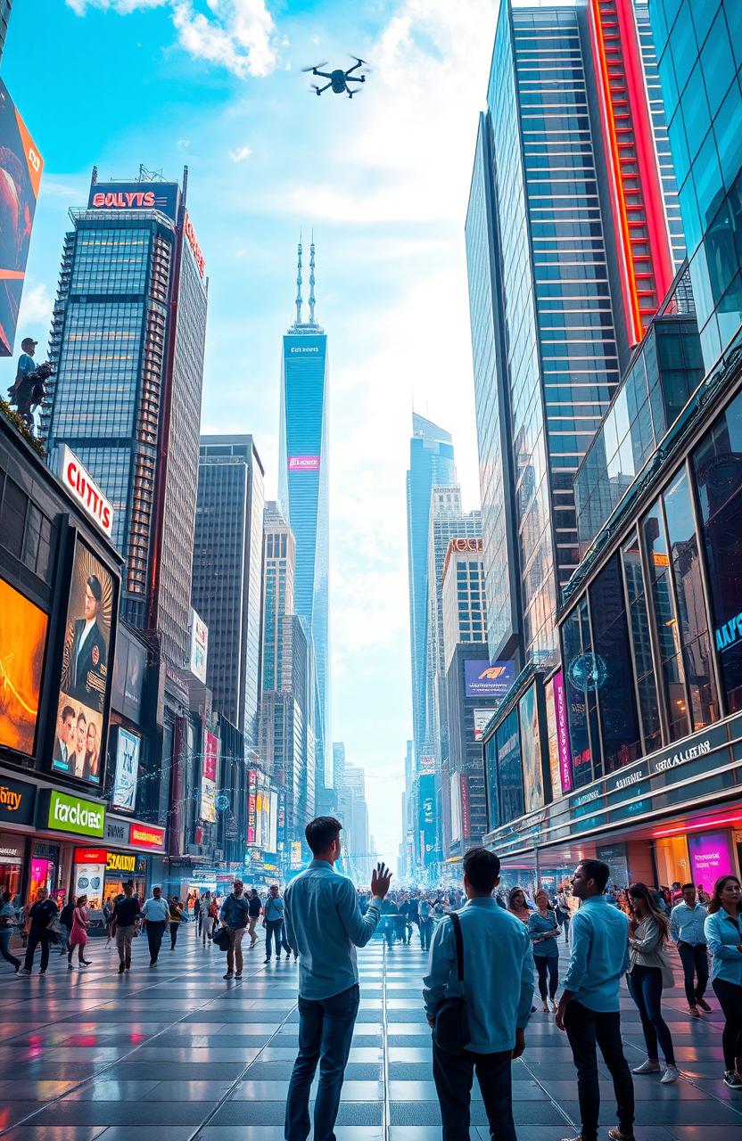 A futuristic cityscape showcasing the rise of artificial intelligence, with towering skyscrapers made of glass and metal, integrated with high-tech elements like drones and robotic assistants