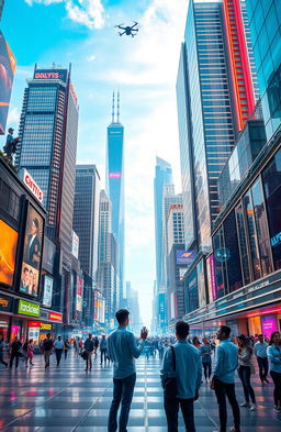 A futuristic cityscape showcasing the rise of artificial intelligence, with towering skyscrapers made of glass and metal, integrated with high-tech elements like drones and robotic assistants