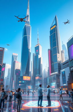 A futuristic cityscape showcasing the rise of artificial intelligence, with towering skyscrapers made of glass and metal, integrated with high-tech elements like drones and robotic assistants
