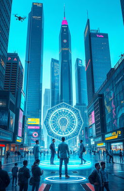 A futuristic cityscape showcasing the rise of artificial intelligence, with towering skyscrapers made of glass and metal, integrated with high-tech elements like drones and robotic assistants