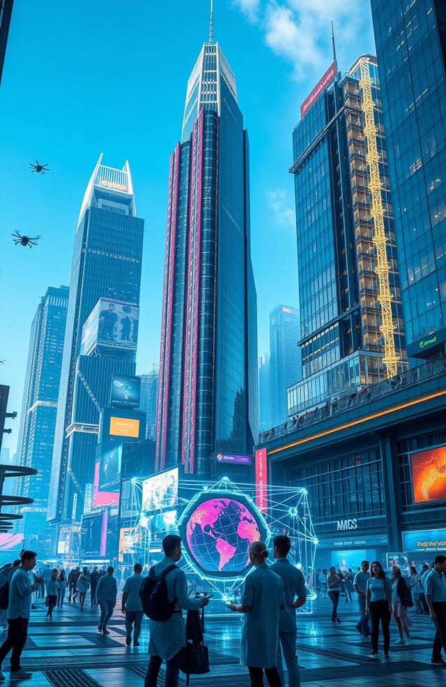 A futuristic cityscape showcasing the rise of artificial intelligence, with towering skyscrapers made of glass and metal, integrated with high-tech elements like drones and robotic assistants