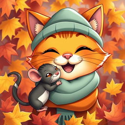 A close-up of a cartoon, cheerful, brightly colored cat wearing a hat and scarf, joyfully hugging a little mouse, showcasing their friendship amidst vibrant autumn leaves