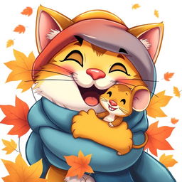 A close-up of a cartoon, cheerful, brightly colored cat wearing a hat and scarf, joyfully hugging a little mouse, showcasing their friendship amidst vibrant autumn leaves