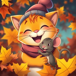 A close-up of a cartoon, cheerful, brightly colored cat wearing a hat and scarf, joyfully hugging a little mouse, showcasing their friendship amidst vibrant autumn leaves
