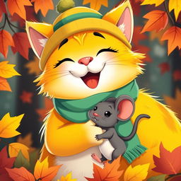 A close-up of a cartoon, cheerful, brightly colored cat wearing a hat and scarf, joyfully hugging a little mouse, showcasing their friendship amidst vibrant autumn leaves