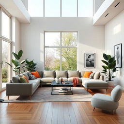 Create realistic interior architecture renders, showcasing a modern living room with sleek furniture, large windows letting in natural light, and a cozy atmosphere