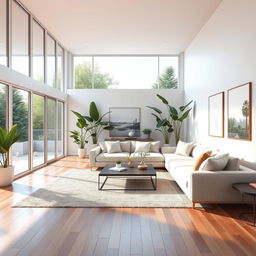 Create realistic interior architecture renders, showcasing a modern living room with sleek furniture, large windows letting in natural light, and a cozy atmosphere