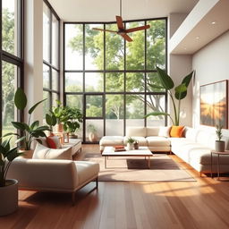 Create realistic interior architecture renders, showcasing a modern living room with sleek furniture, large windows letting in natural light, and a cozy atmosphere