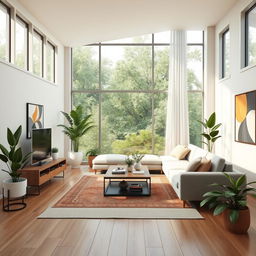 Create realistic interior architecture renders, showcasing a modern living room with sleek furniture, large windows letting in natural light, and a cozy atmosphere