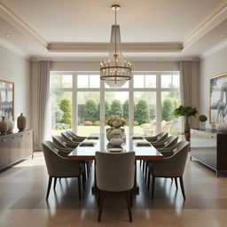 Generate realistic interior architecture renders, focusing on a contemporary dining room filled with elegance and sophistication